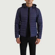 Tyler ブルー Hooded Puffer レザージャケット メンズ in Blue Full-Grain Leather - Front Profile View &amp; Tailored Silhouette | Buy Online