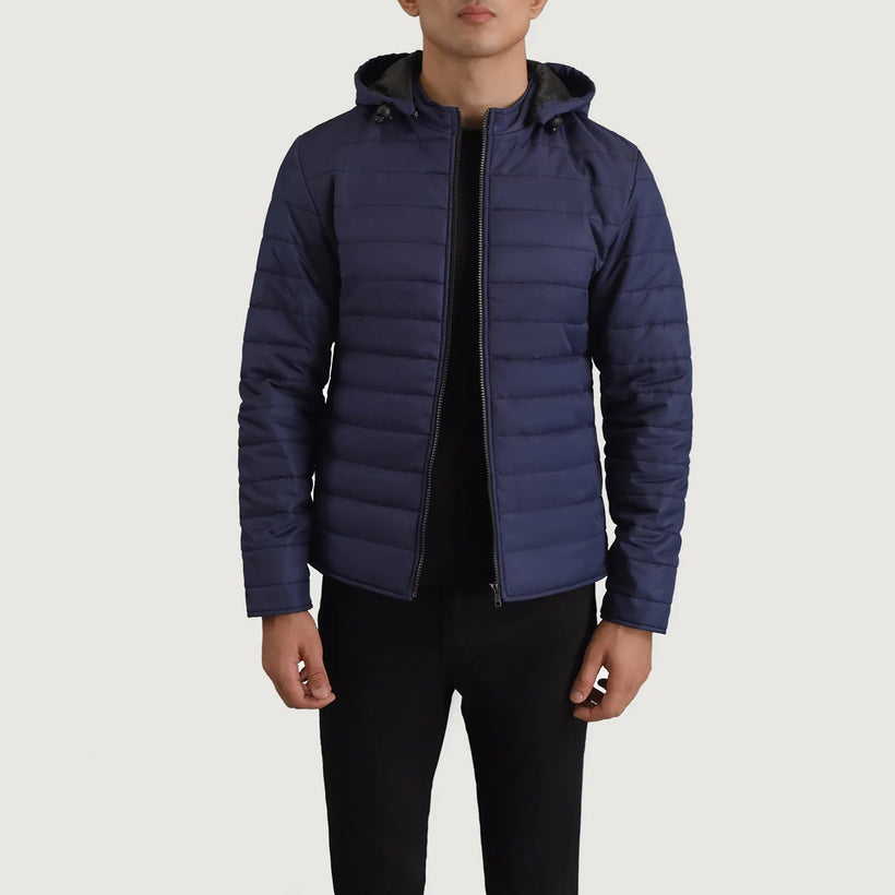 Tyler ブルー Hooded Puffer レザージャケット メンズ