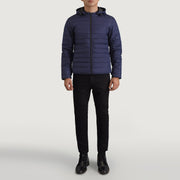 Tyler ブルー Hooded Puffer レザージャケット メンズ - Lateral Side Profile View Showing Sleeve Cut &amp; Athletic Taper Fit