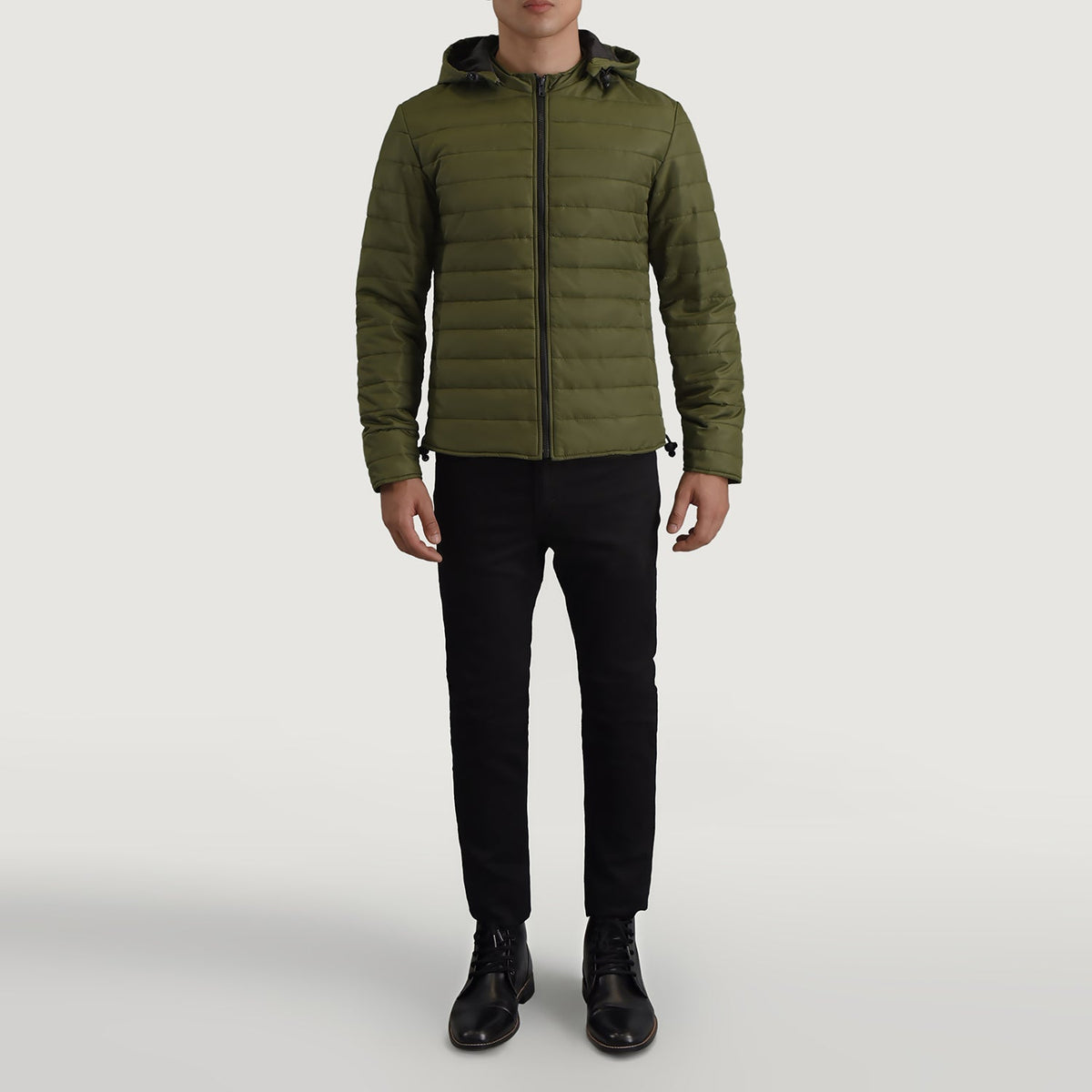 Tyler グリーン Hooded Puffer レザージャケット メンズ - Lateral Side Profile View Showing Sleeve Cut &amp; Athletic Taper Fit