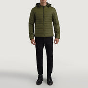Tyler グリーン Hooded Puffer レザージャケット メンズ - Lateral Side Profile View Showing Sleeve Cut &amp; Athletic Taper Fit
