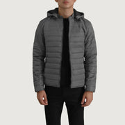 
Tyler グレー Hooded Puffer レザージャケット メンズ in Grey Full-Grain Leather - 正面スタイル＆テーラードシルエット | 公式オンライン通販