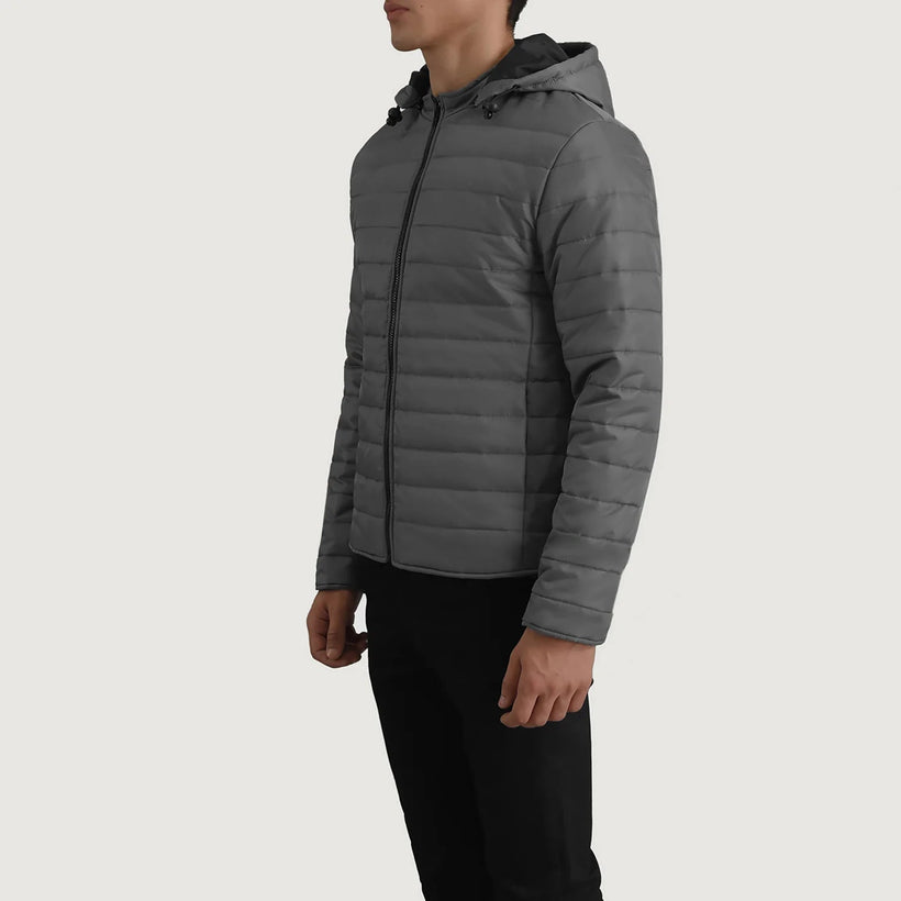 Tyler グレー Hooded Puffer レザージャケット メンズ
