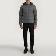 
Tyler グレー Hooded Puffer レザージャケット メンズ - 袖の立体カッティングと洗練されたテーパードフィットを見せる側面ビュー