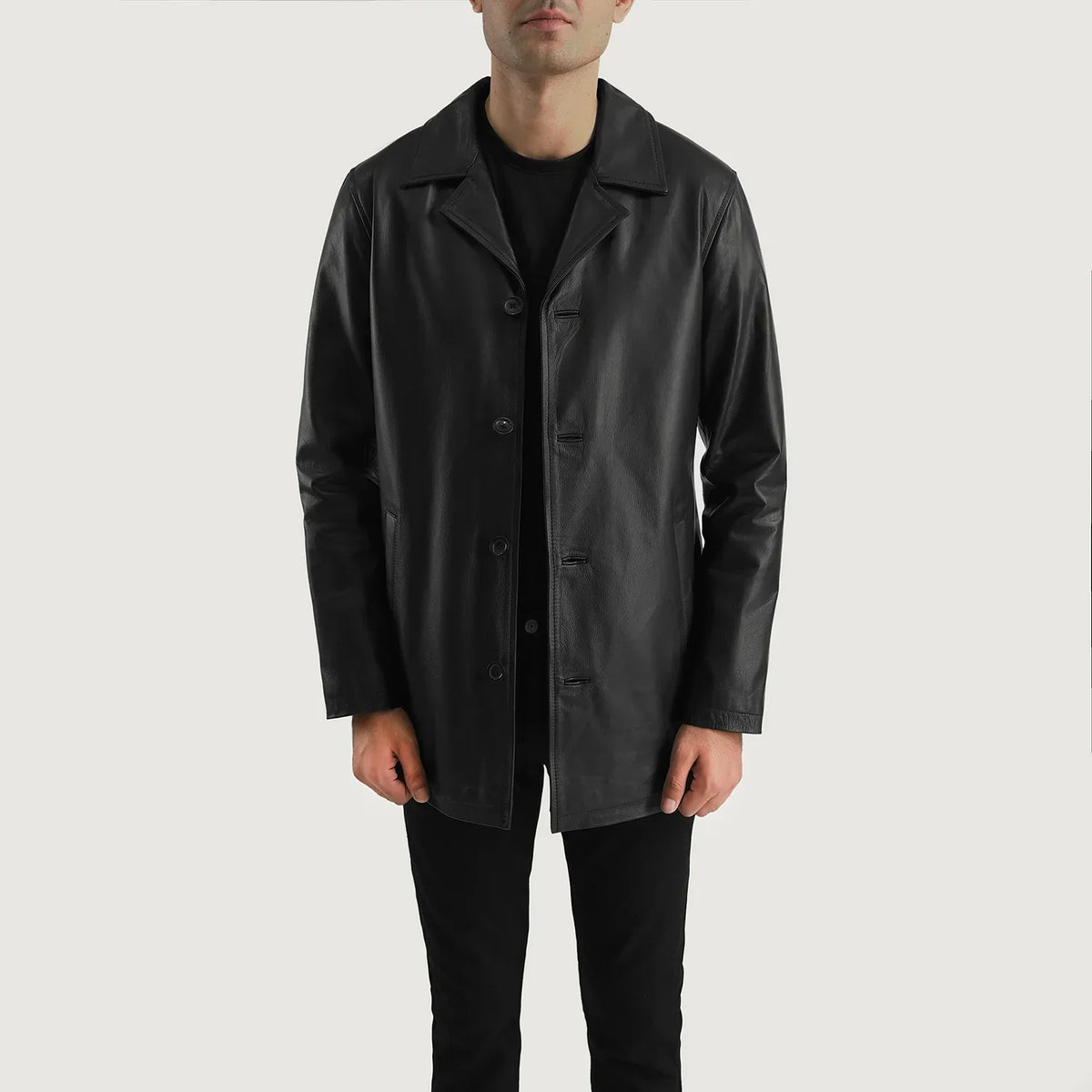 
Black Cowhide (Lt-071) leather Coat - 美しい肩のラインと裾の仕立てが際立つ背面ビュー