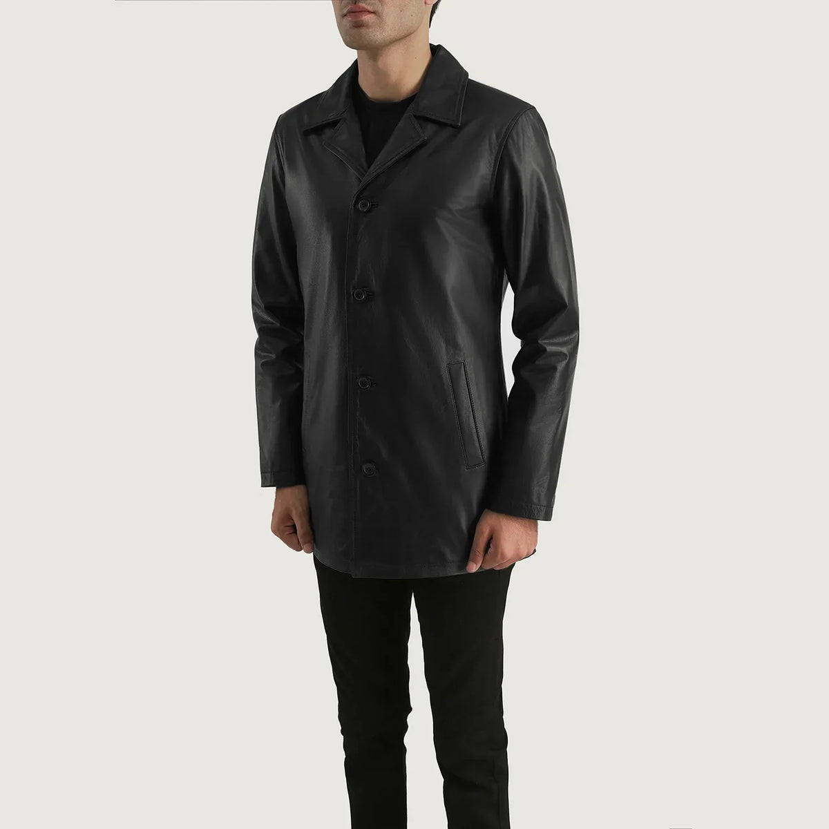 
クローズアップ詳細 of Notch & Button Hardware on Urban Slate ブラック レザーコート メンズ