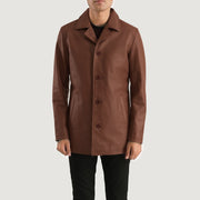 Urban Slate ブラウン レザーコート メンズ in Brown Cowhide Leather - Front Profile View &amp; Tailored Silhouette | Buy Online