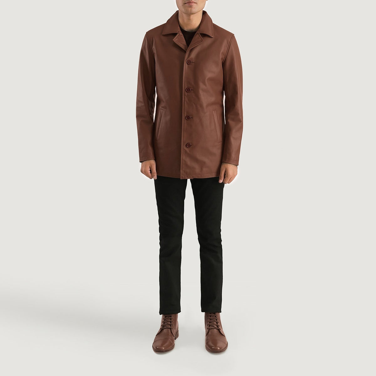 Urban Slate ブラウン レザーコート メンズ - Lateral Side Profile View Showing Sleeve Cut &amp; Athletic Taper Fit