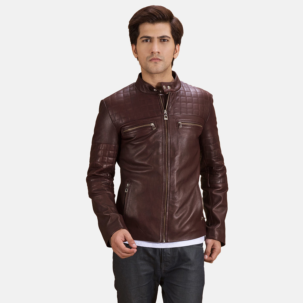 Urbane キルティング マルーン レザーライダースジャケット メンズ in Maroon Sheepskin Leather - Front Profile View &amp; Tailored Silhouette | Buy Online