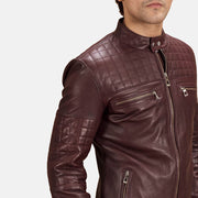 Urbane キルティング マルーン レザーライダースジャケット メンズ - Lateral Side Profile View Showing Sleeve Cut &amp; Athletic Taper Fit