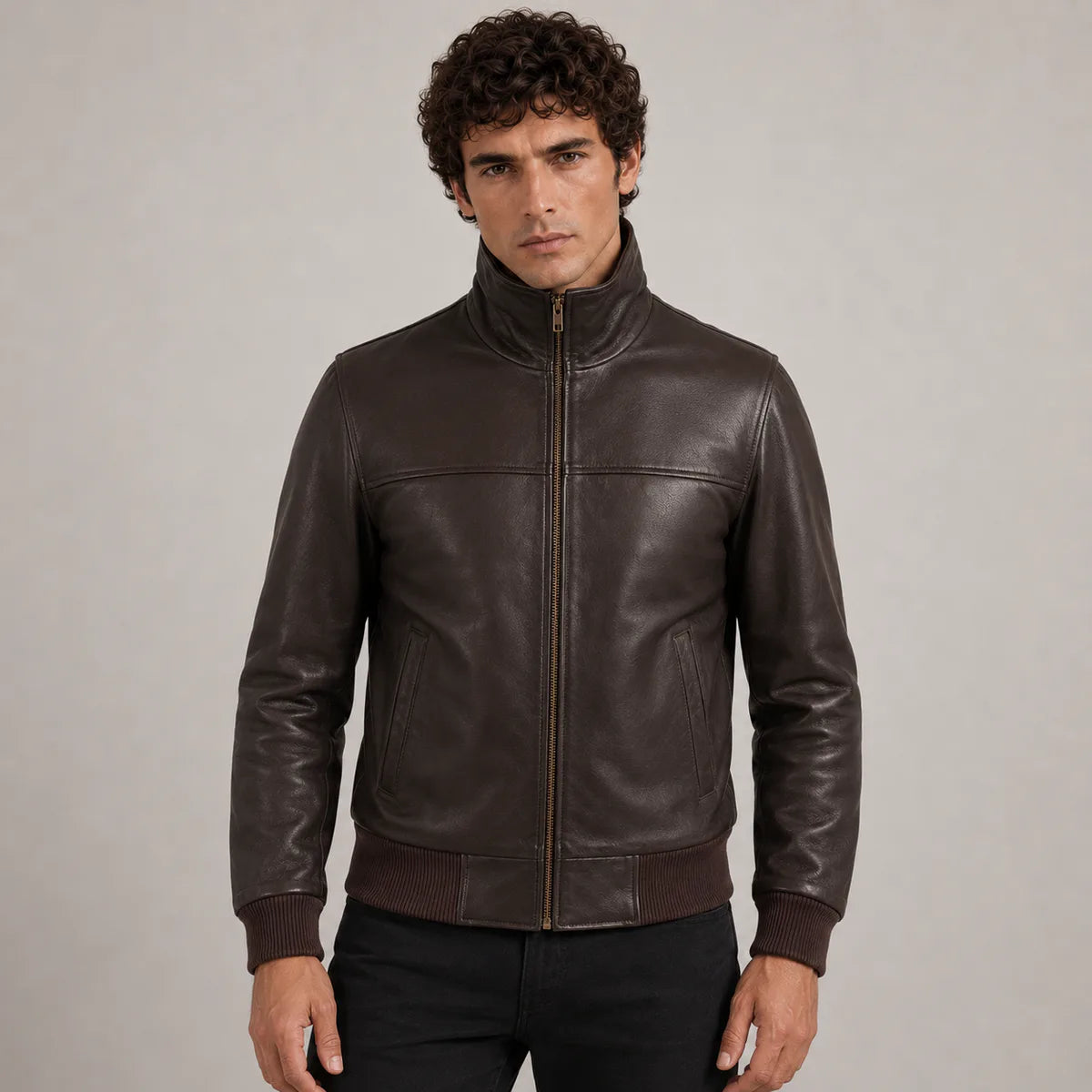 Dark ブラウン Sheepskin レザーボンバージャケット メンズ in Dark Brown Authentic Sheepskin &amp;Amp; Shearling - Front Profile View &amp; Tailored Silhouette | Buy Online