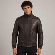 Dark ブラウン Sheepskin レザーボンバージャケット メンズ in Dark Brown Authentic Sheepskin &amp;Amp; Shearling - Front Profile View &amp; Tailored Silhouette | Buy Online