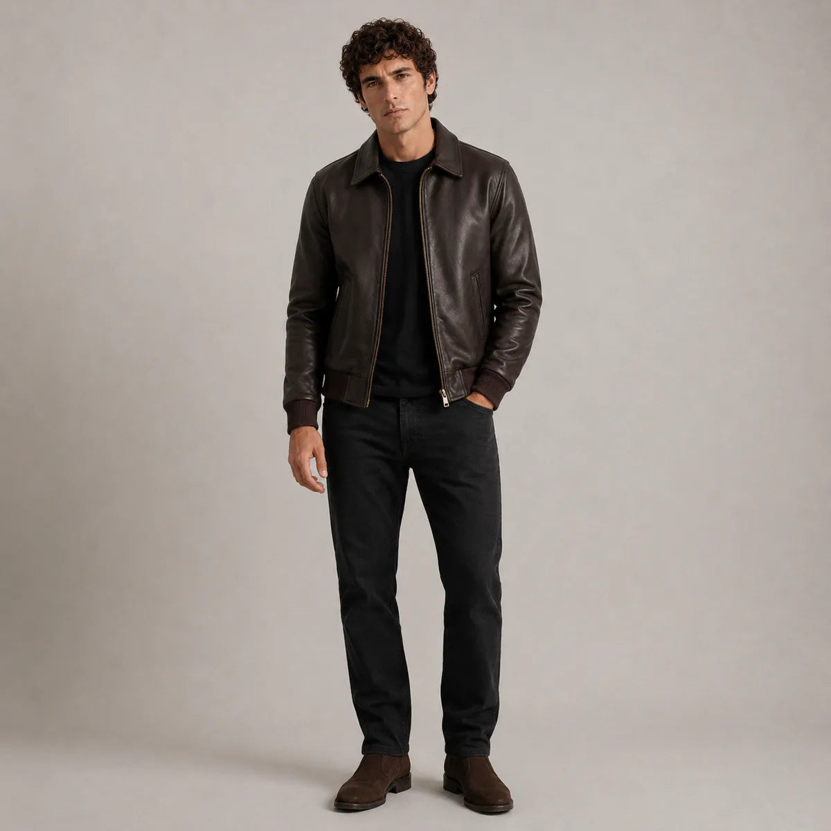 Dark ブラウン Sheepskin レザーボンバージャケット メンズ - Lateral Side Profile View Showing Sleeve Cut &amp; Athletic Taper Fit
