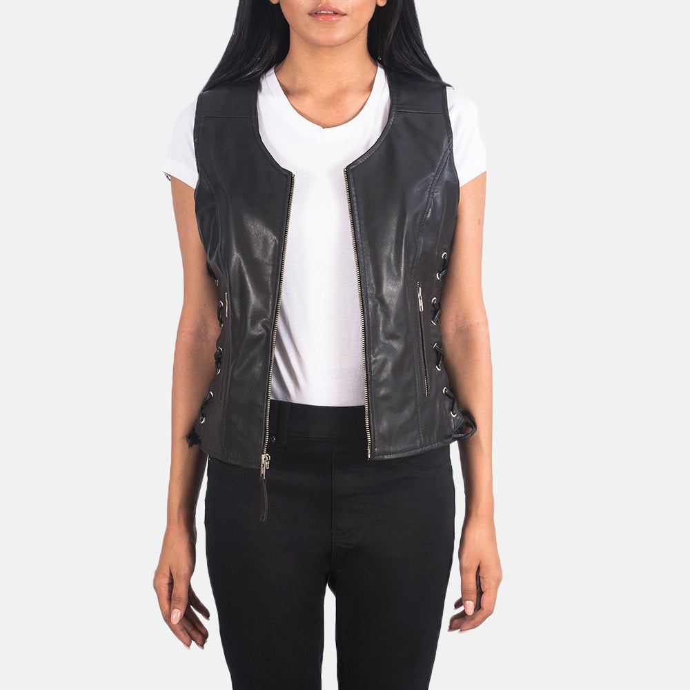 Women's Vanda ブラック Leather Biker Vest レディース in Black Goatskin Leather - Front Profile View &amp; Tailored Silhouette | Buy Online
