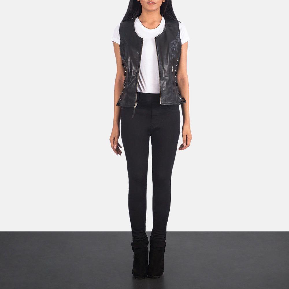 Women's Vanda ブラック Leather Biker Vest レディース - Lateral Side Profile View Showing Sleeve Cut &amp; Athletic Taper Fit