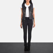 Women's Vanda ブラック Leather Biker Vest レディース - Lateral Side Profile View Showing Sleeve Cut &amp; Athletic Taper Fit