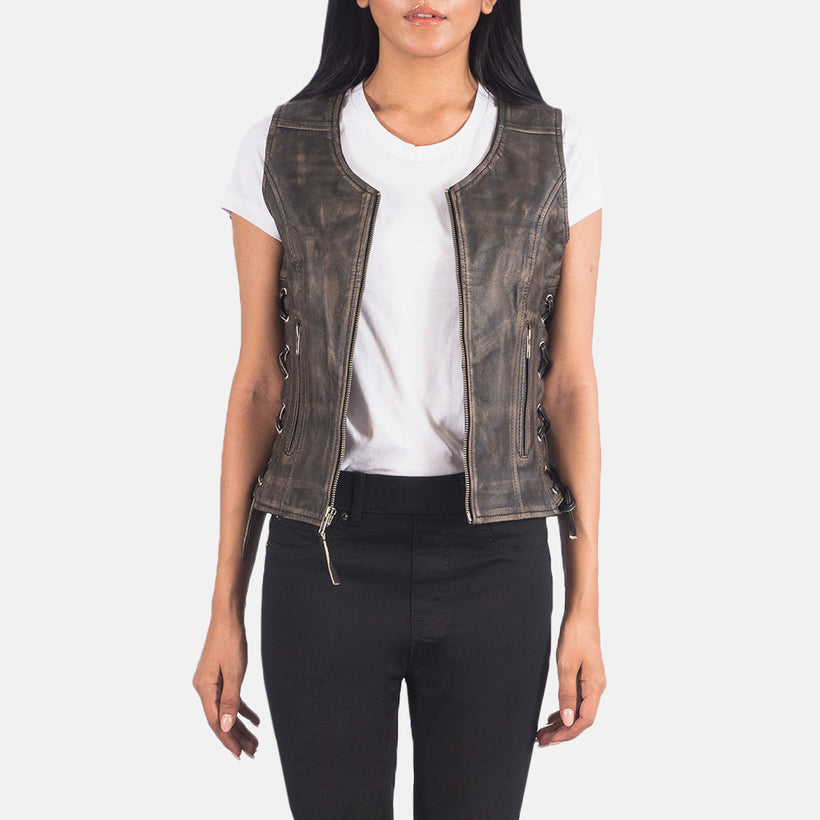 Vanda Distressed ブラウン Leather Biker Vest レディース