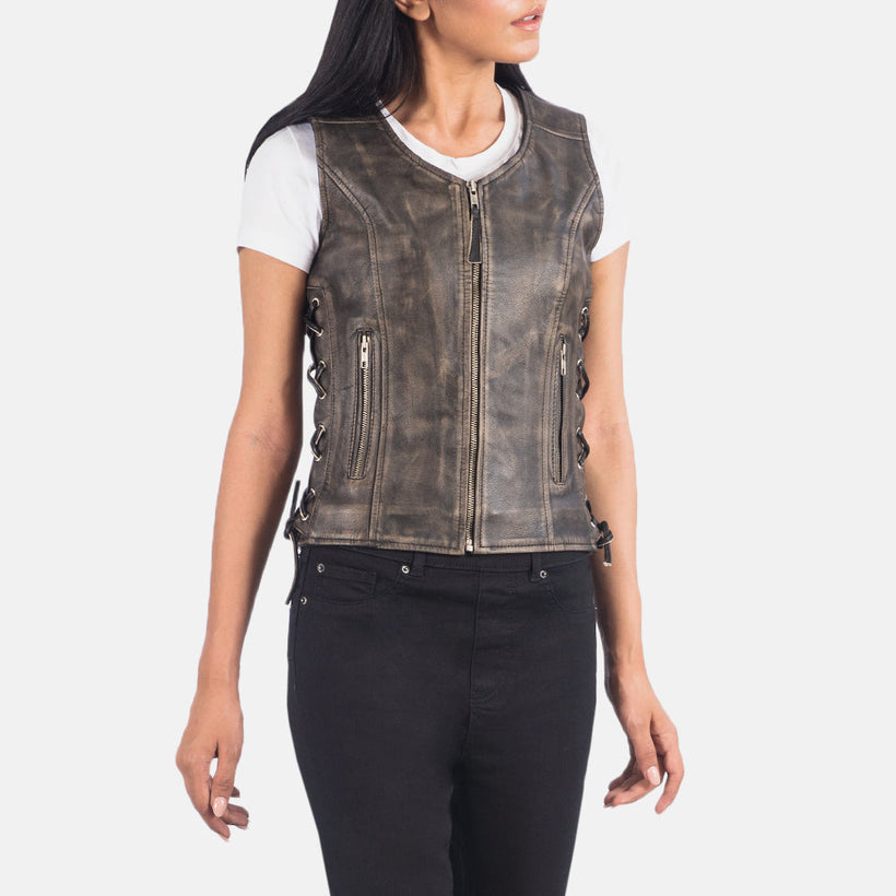Vanda Distressed ブラウン Leather Biker Vest レディース