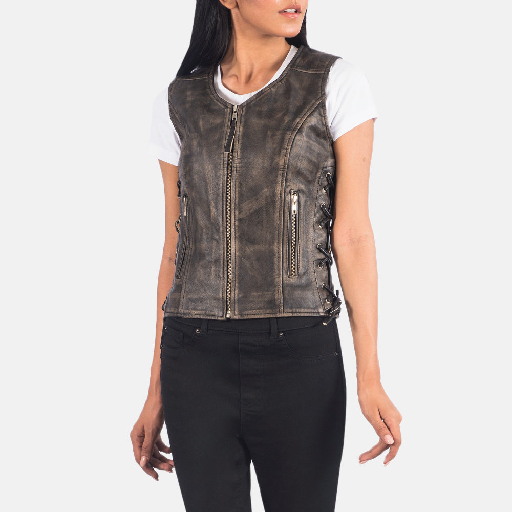 
クローズアップ詳細 of V-neck & Zipper Hardware on Vanda ディストレストブラウン Leather Biker Vest レディース