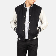 Men's Vaxton ブラック &amp; White Hybrid Varsity レザージャケット メンズ in Black &amp; White Sheepskin Leather - Front Profile View &amp; Tailored Silhouette | Buy Online