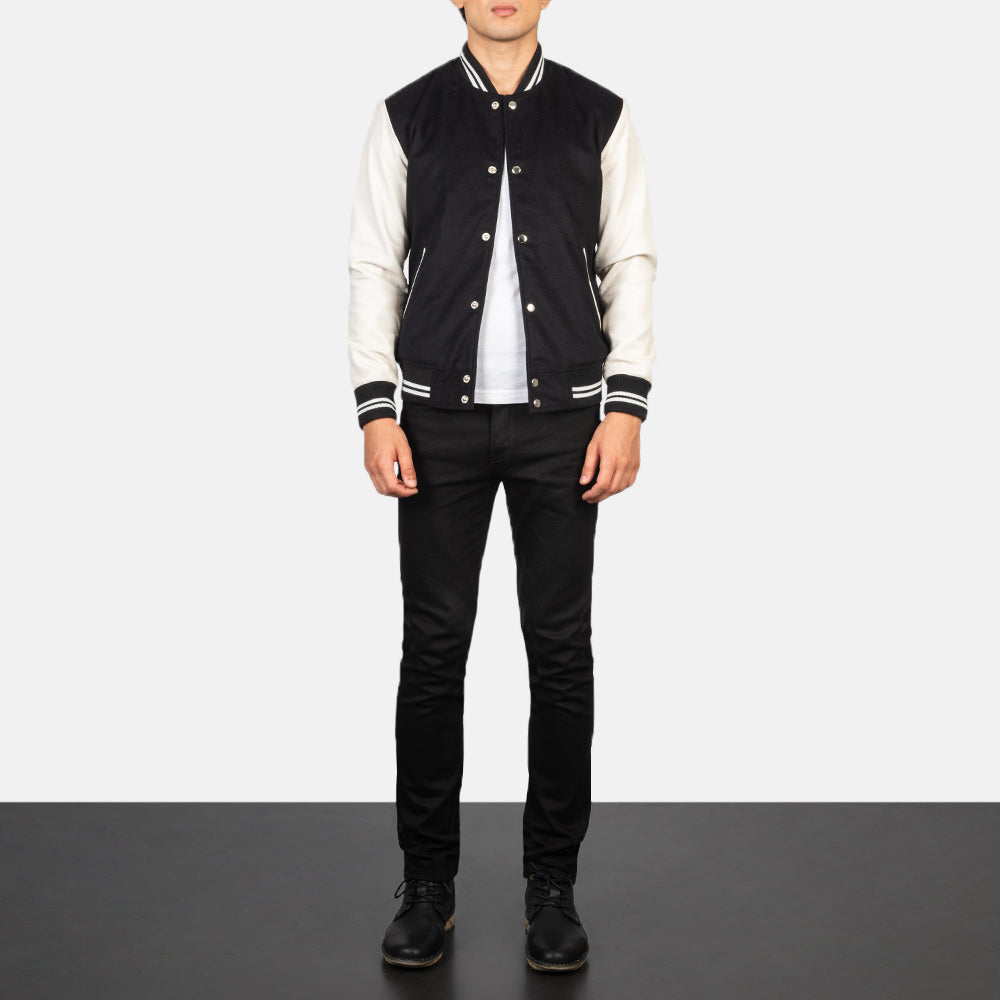 Men's Vaxton ブラック &amp; White Hybrid Varsity レザージャケット メンズ - Lateral Side Profile View Showing Sleeve Cut &amp; Athletic Taper Fit