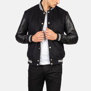 Men's Vaxton ブラック Striped Hybrid Varsity レザージャケット メンズ in Black Sheepskin Leather - Front Profile View &amp; Tailored Silhouette | Buy Online