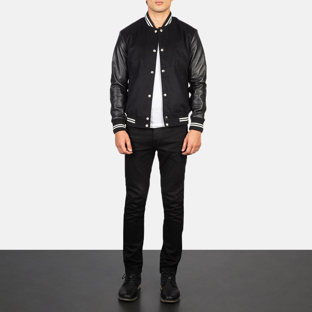 Men's Vaxton ブラック Striped Hybrid Varsity レザージャケット メンズ - Lateral Side Profile View Showing Sleeve Cut &amp; Athletic Taper Fit