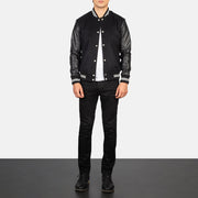Men's Vaxton ブラック Striped Hybrid Varsity レザージャケット メンズ - Lateral Side Profile View Showing Sleeve Cut &amp; Athletic Taper Fit