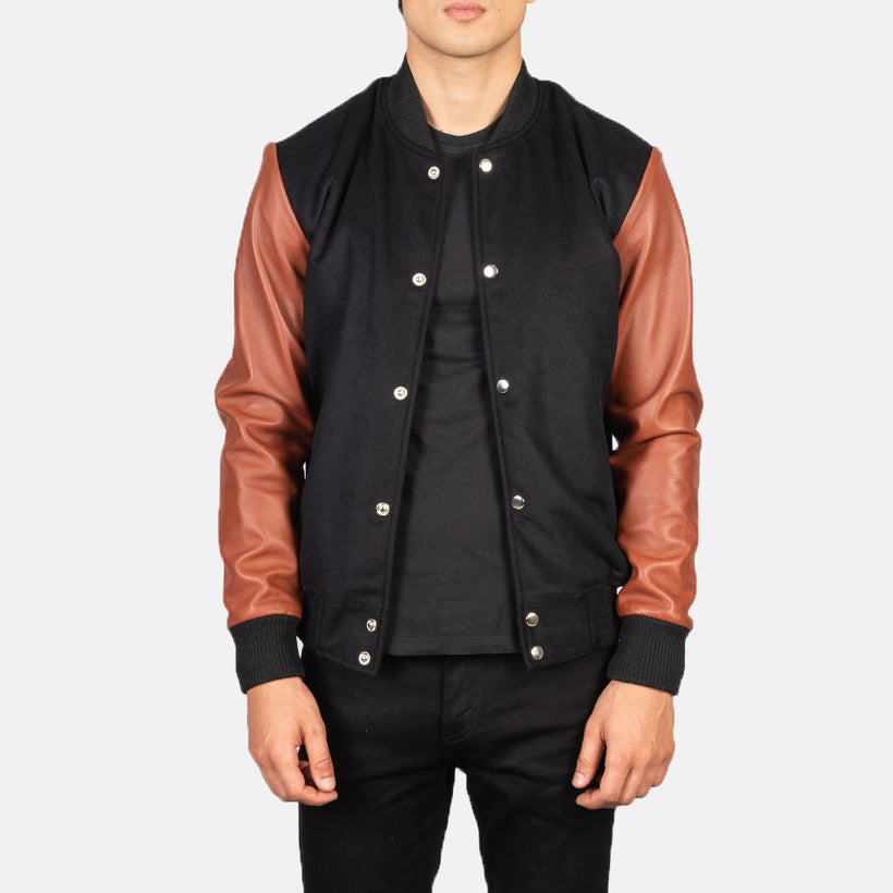 Vaxton ブラウン & ブラック Hybrid Varsity レザージャケット メンズ