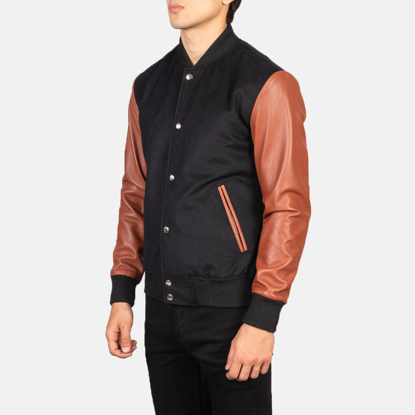 Vaxton ブラウン & ブラック Hybrid Varsity レザージャケット メンズ