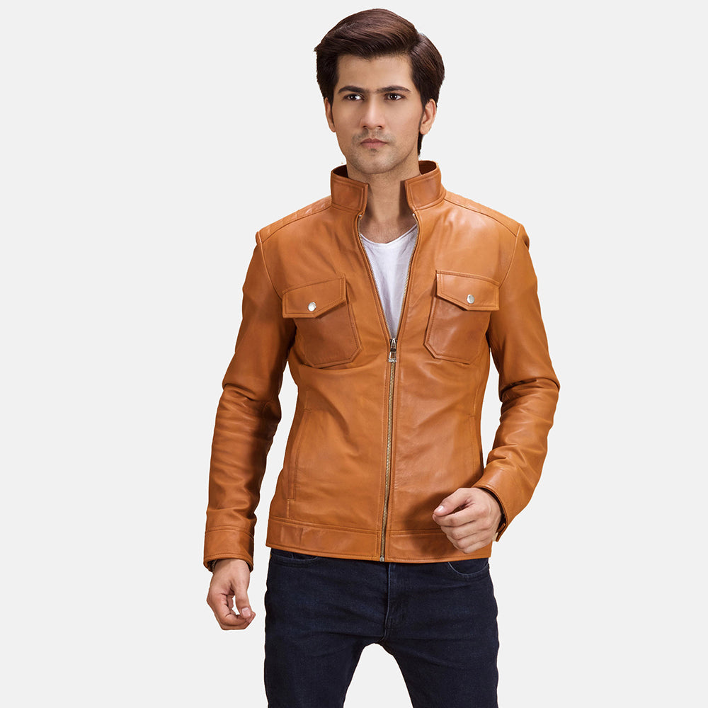 Voltex タン レザーライダースジャケット メンズ in Tan Brown Sheepskin Leather - Front Profile View &amp; Tailored Silhouette | Buy Online