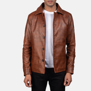 Waffle ブラウン レザージャケット メンズ in Distressed Brown Sheepskin Burnishing - Front Profile View &amp; Tailored Silhouette | Buy Online