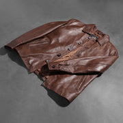 Buttoned &amp; Hem Craftsmanship Construction Detail on Waffle ブラウン レザージャケット メンズ