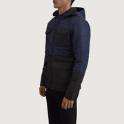 
Black + Blue Full-Grain Leather Hooded Jacket - 美しい肩のラインと裾の仕立てが際立つ背面ビュー
