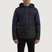 
クローズアップ詳細 of Classic Collar & Heavy-Duty Zipper Hardware on Wayne ブラック & ブルー Hooded Puffer レザージャケット メンズ