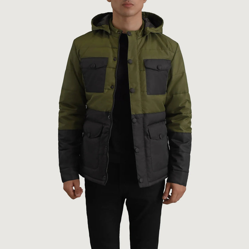Wayne ブラック & グリーン Hooded Puffer レザージャケット メンズ