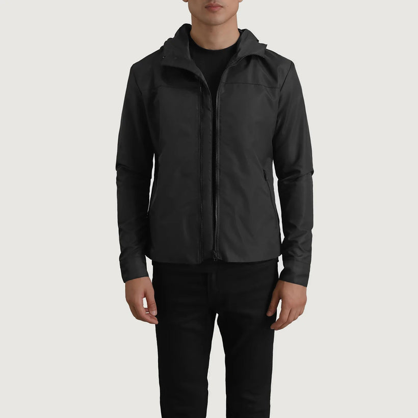 Wesley ブラック Hooded Windbreaker レザージャケット メンズ