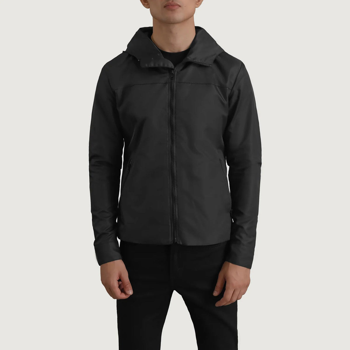 
クローズアップ詳細 of Classic Collar & Zipper With Inside Wind Flap. Hardware on Wesley ブラック Hooded Windbreaker レザージャケット メンズ