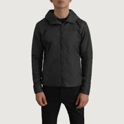 
クローズアップ詳細 of Classic Collar & Zipper With Inside Wind Flap. Hardware on Wesley ブラック Hooded Windbreaker レザージャケット メンズ