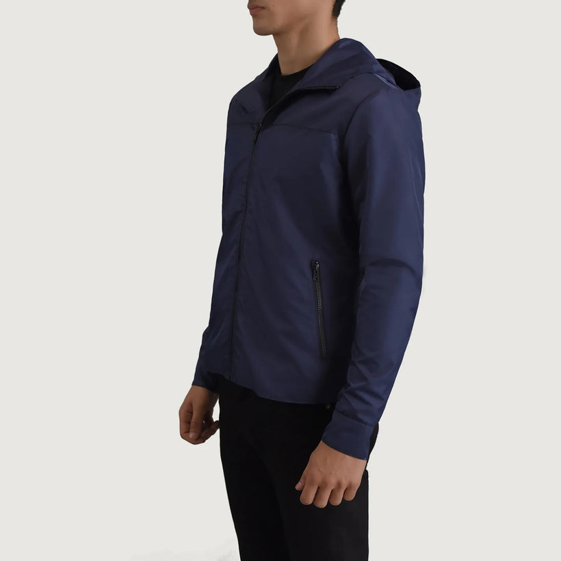 Wesley ブルー Hooded Windbreaker レザージャケット メンズ