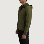 
Green Full-Grain Leather Hooded Jacket - 美しい肩のラインと裾の仕立てが際立つ背面ビュー
