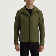 
クローズアップ詳細 of Classic Collar & Zipper With Inside Wind Flap. Hardware on Wesley グリーン Hooded Windbreaker レザージャケット メンズ