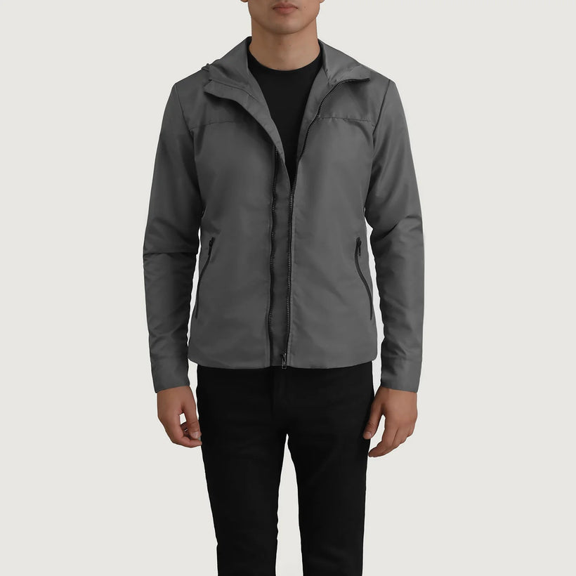 Wesley グレー Hooded Windbreaker レザージャケット メンズ