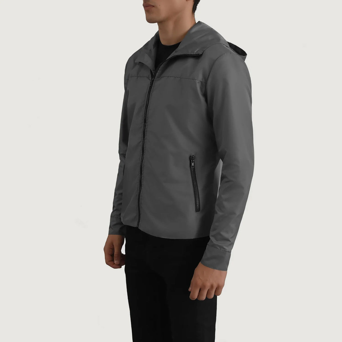 
Grey Full-Grain Leather Hooded Jacket - 美しい肩のラインと裾の仕立てが際立つ背面ビュー