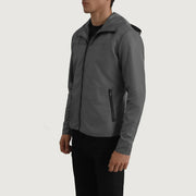 
Grey Full-Grain Leather Hooded Jacket - 美しい肩のラインと裾の仕立てが際立つ背面ビュー