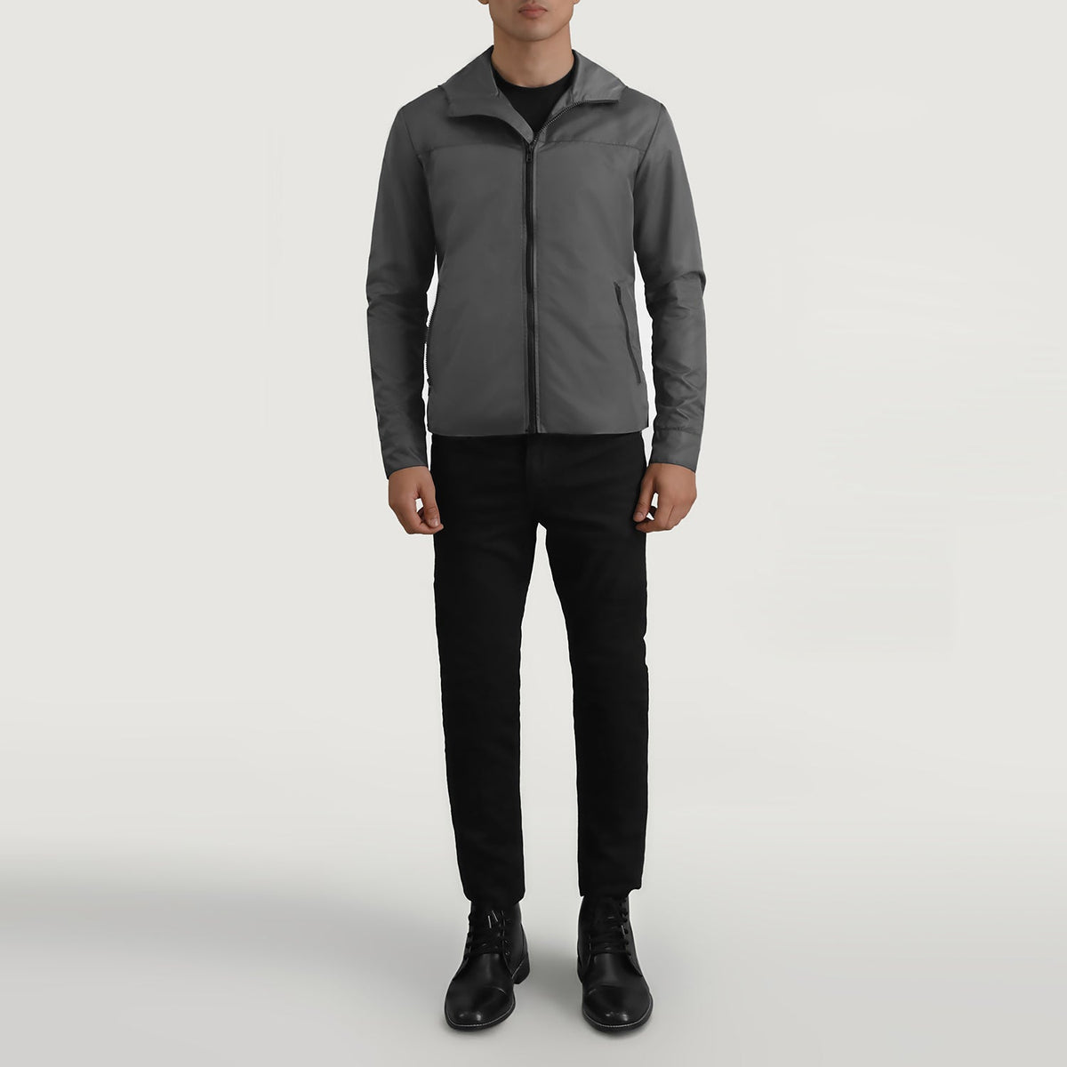 
Wesley グレー Hooded Windbreaker レザージャケット メンズ - 袖の立体カッティングと洗練されたテーパードフィットを見せる側面ビュー