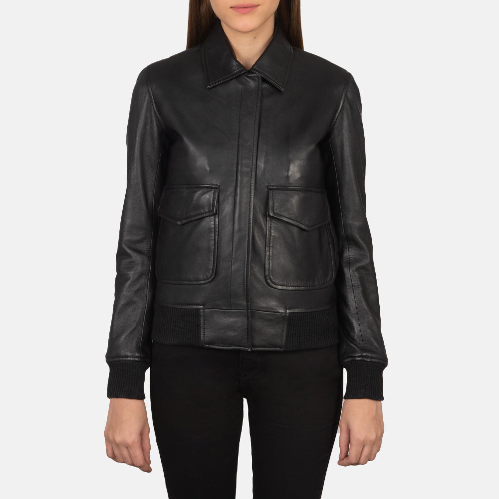 Close-Up Detail of Shirt &amp; Zipper with Button Flap Hardware on Women's Westa A-2 Black Leather Bomber Jacket