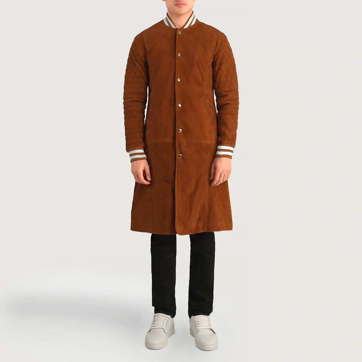Wilde ブラウン Suede Varsity レザーコート メンズ - Lateral Side Profile View Showing Sleeve Cut &amp; Athletic Taper Fit