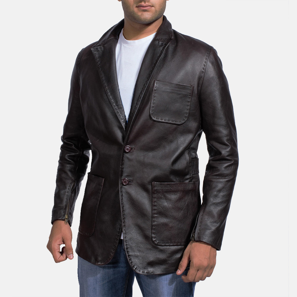 Men's Wine ブラック レザーテーラードブレザー メンズ in Dark Brown Cow Hide Leather - Front Profile View &amp; Tailored Silhouette | Buy Online