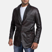 Men's Wine ブラック レザーテーラードブレザー メンズ in Dark Brown Cow Hide Leather - Front Profile View &amp; Tailored Silhouette | Buy Online
